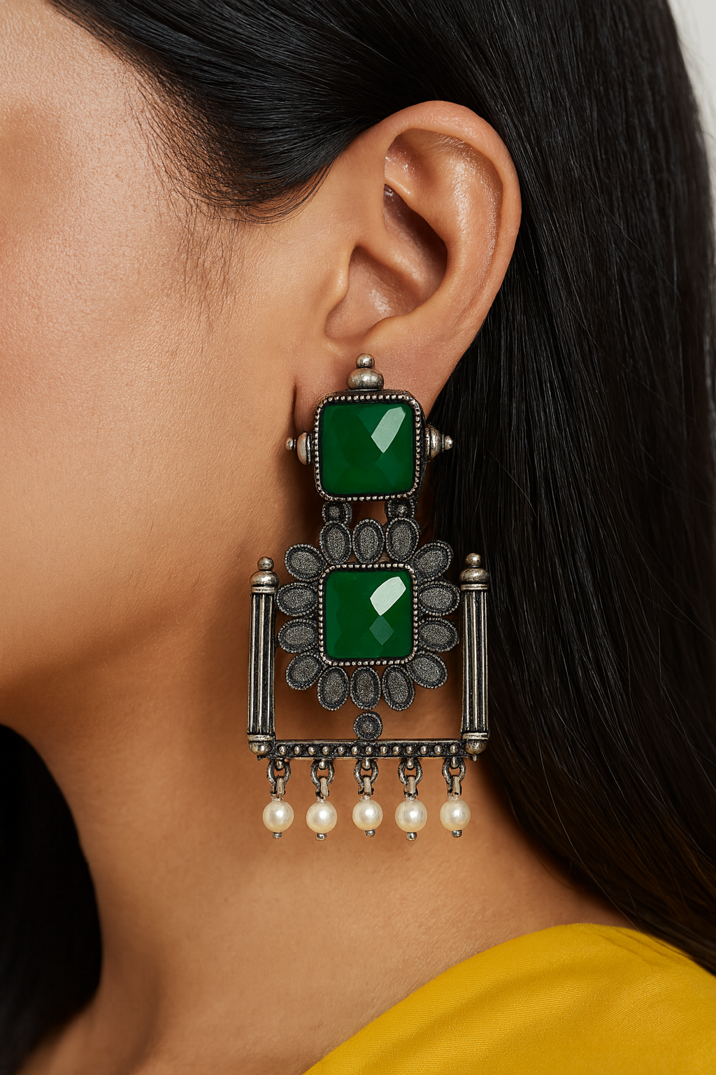 Elegant Green Stone Oxidized Earrings