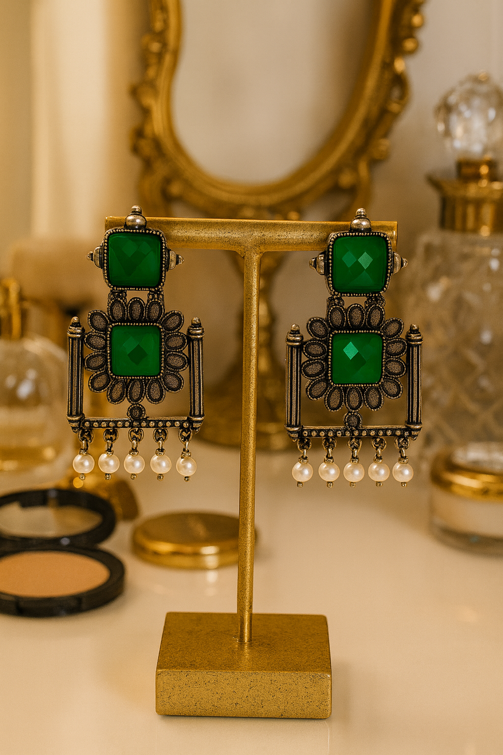Green Stone Oxidised Earrings