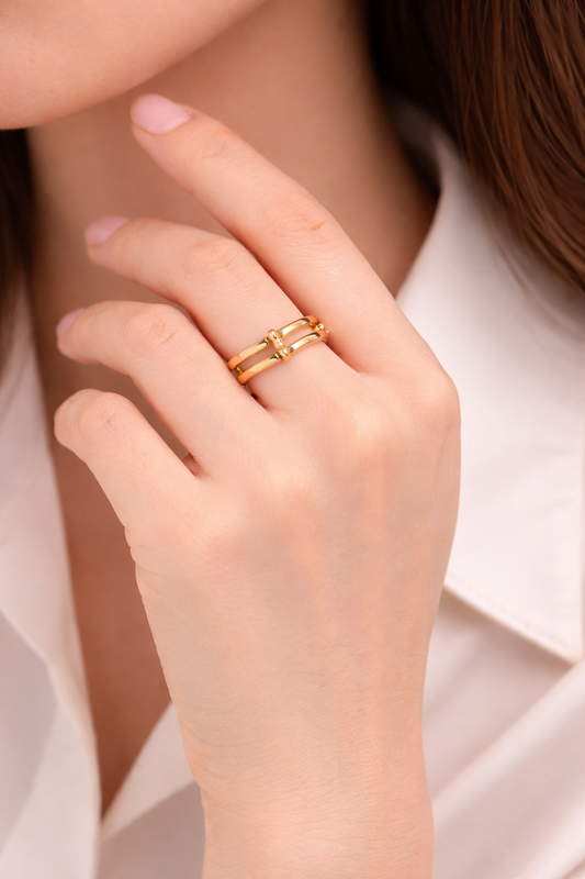 Gold Plated Triple Band Adjustable Ring for Women | Minimal Geometric Open Ring