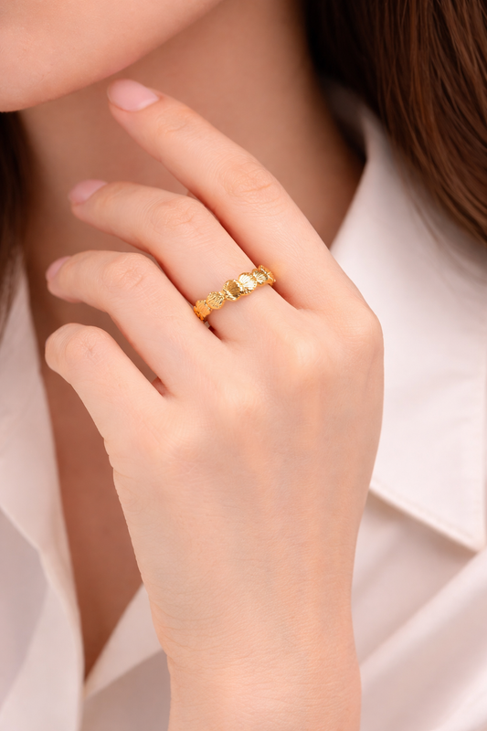 Gold Plated Shell Cluster Adjustable Ring for Women | Textured Beaded Open Ring