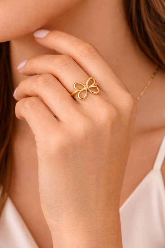 Gold Plated Butterfly Loop Adjustable Ring for Women | Minimal Floral Open Ring