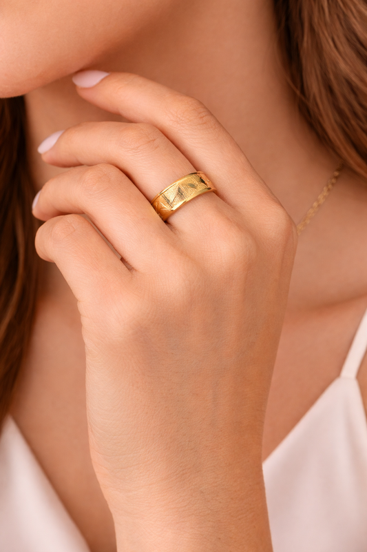 Gold Plated Geometric Engraved Wide Band Adjustable Ring for Women | Statement Open Ring