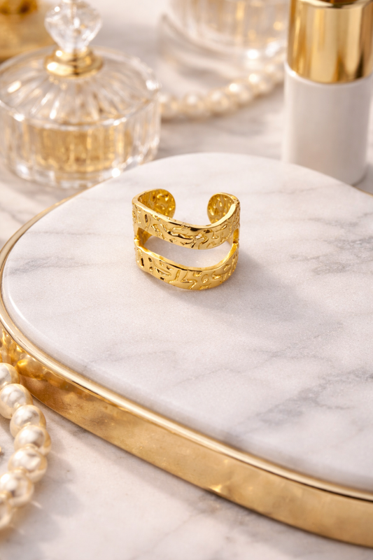 Gold Plated Double Band Adjustable Ring for Women | Textured Open Finger Ring