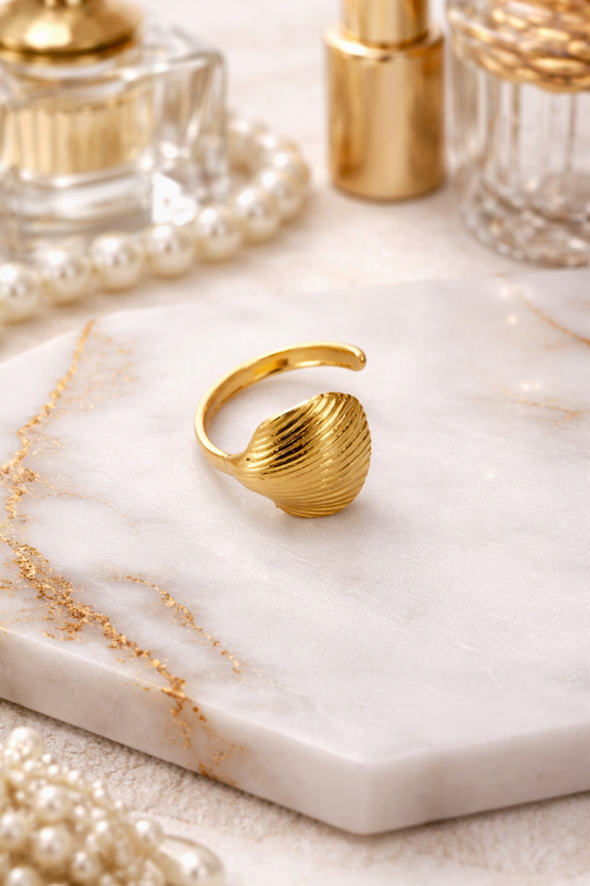 Gold Plated Shell Design Adjustable Ring for Women | Textured Statement Open Ring