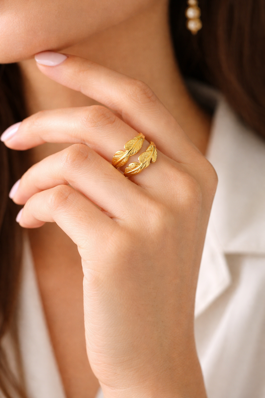 Gold Plated Leaf Design Adjustable Ring for Women | Elegant Feather Style Open Ring