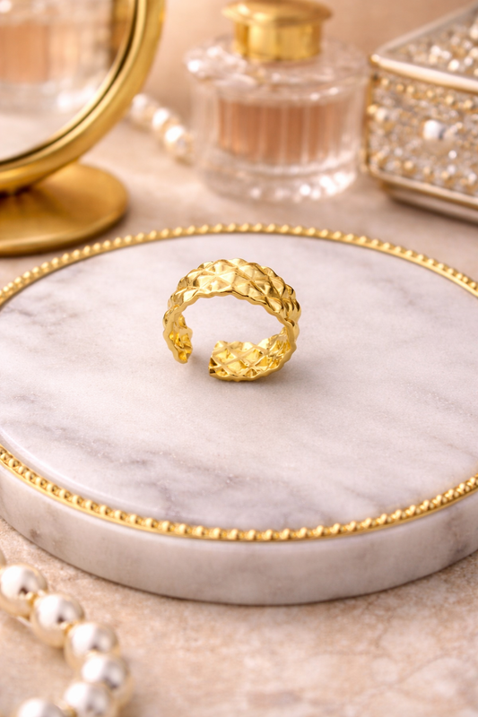 Gold Plated Textured Wide Band Adjustable Ring for Women | Luxury Statement Open Ring