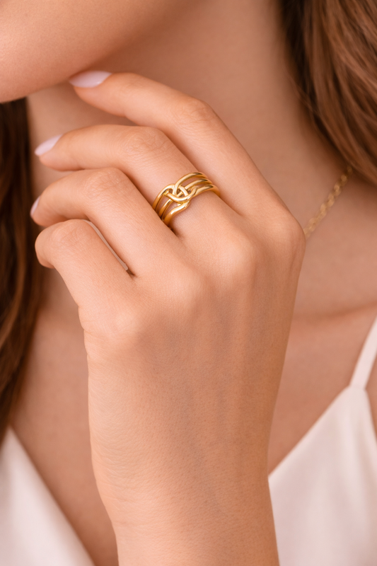 Gold Plated Knot Design Adjustable Ring for Women | Multi Band Interlocking Open Ring