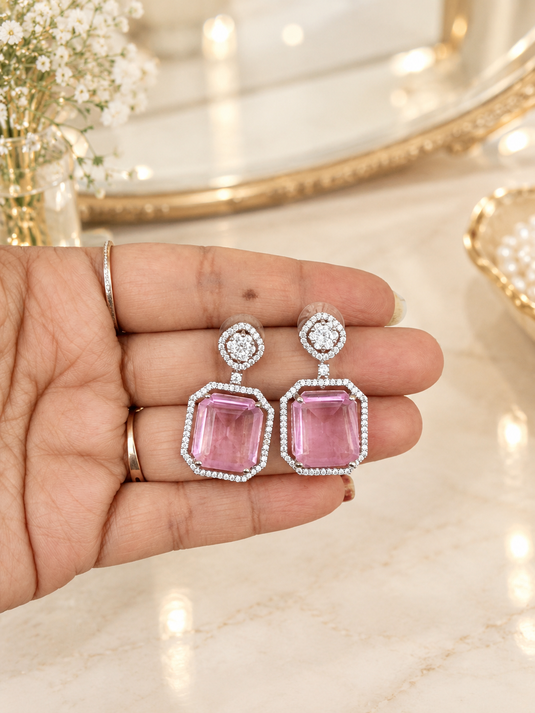 Pink Stone Halo Necklace Set