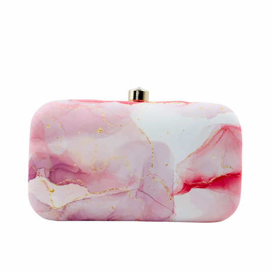 Elegant Marble Print Clutch in Pink and White with Gold Chain – Evening & Party Bag