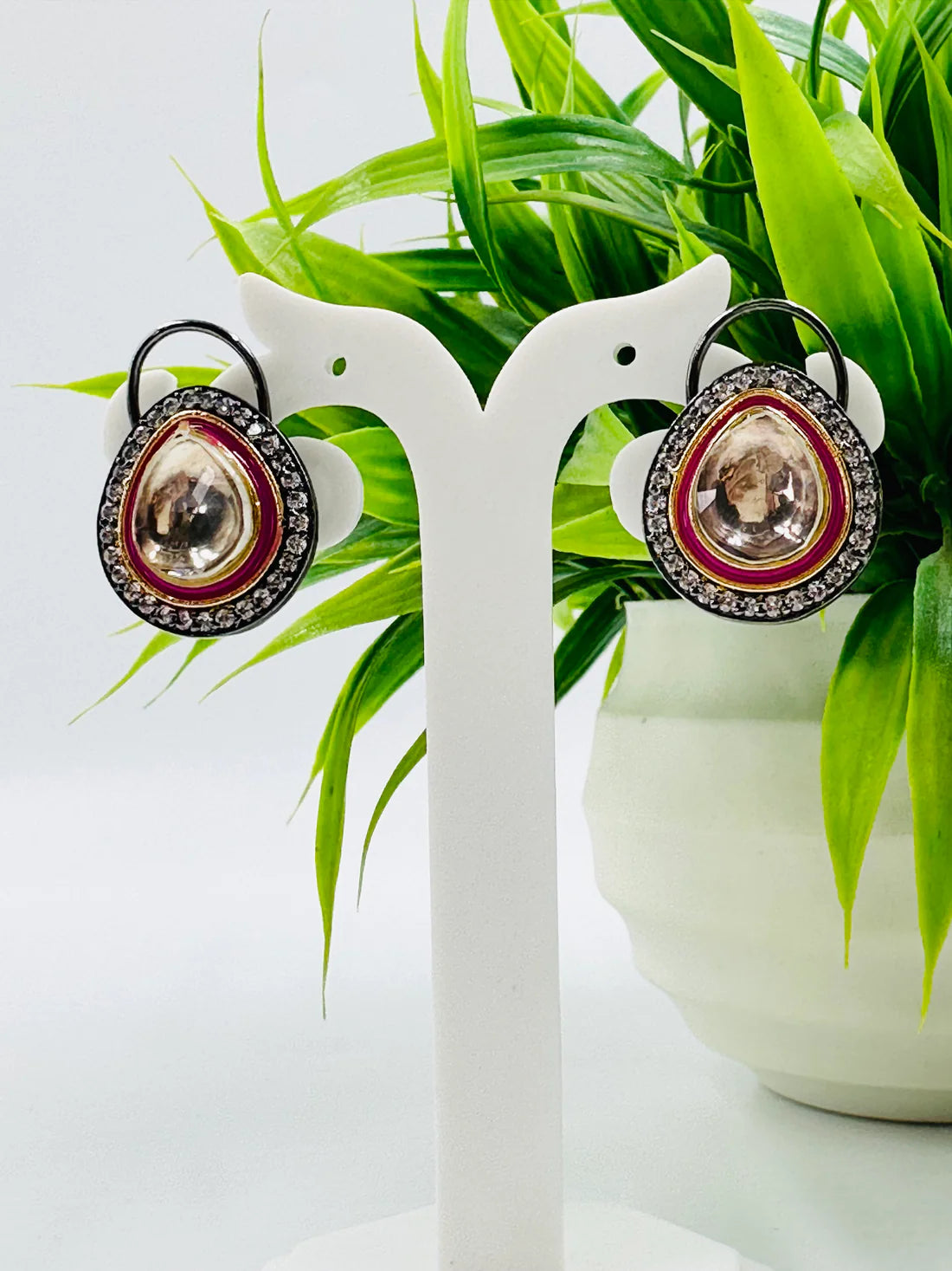 ELEGANT KUNDAN AND AD STUDDED EARRING IN GREY PINK AND GOLD