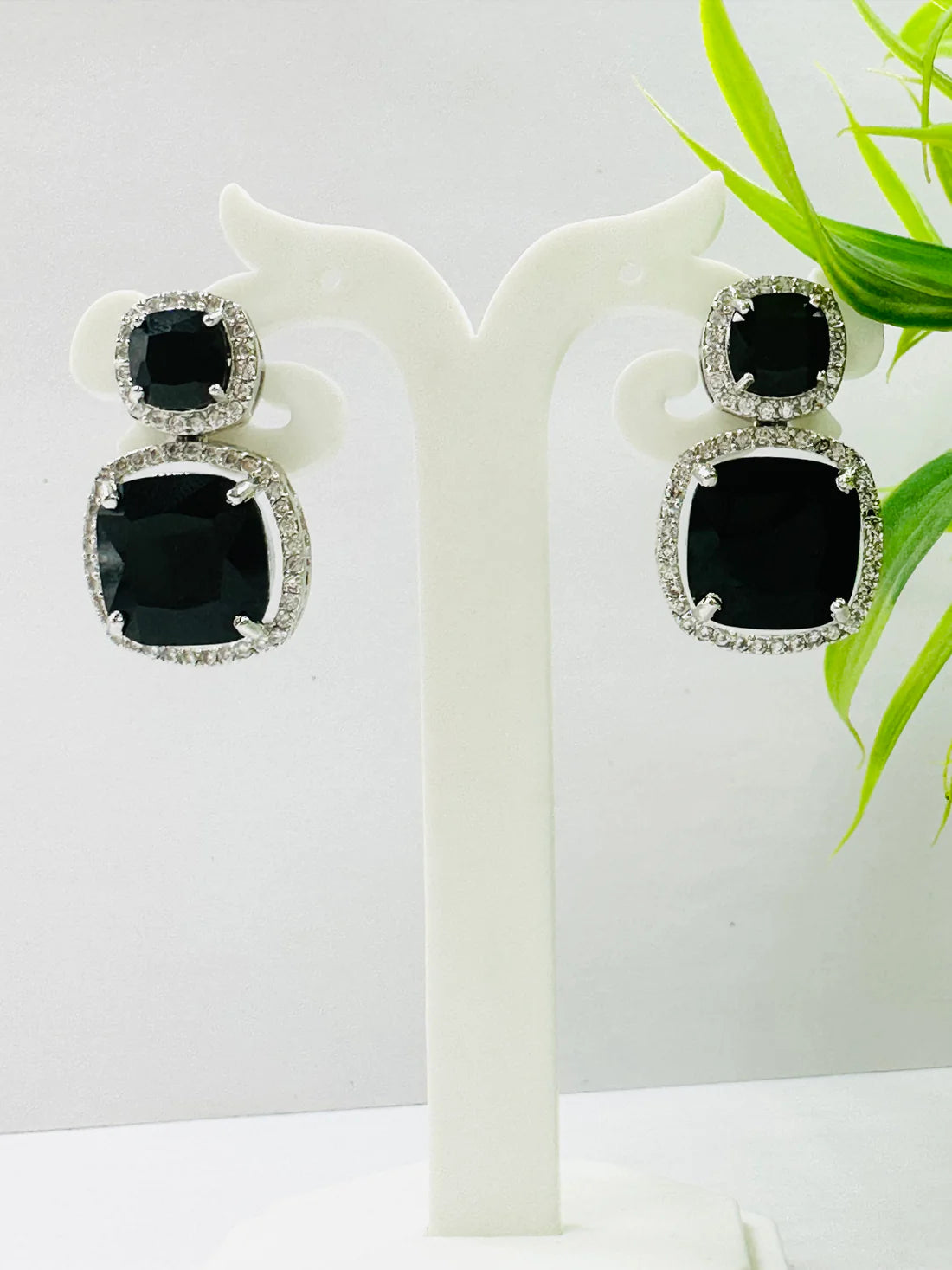 Black Glass Stone AD Earrings