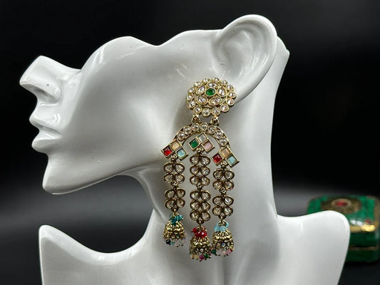 ELEGANT POLKI GOLDEN WITH MULTICOLOR BEADS DANGLERS EARRINGS