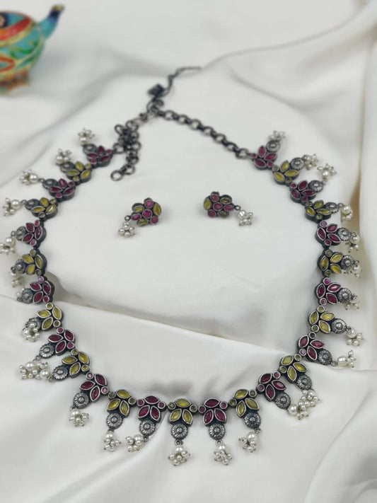 German Silver Red Yellow Necklace Set