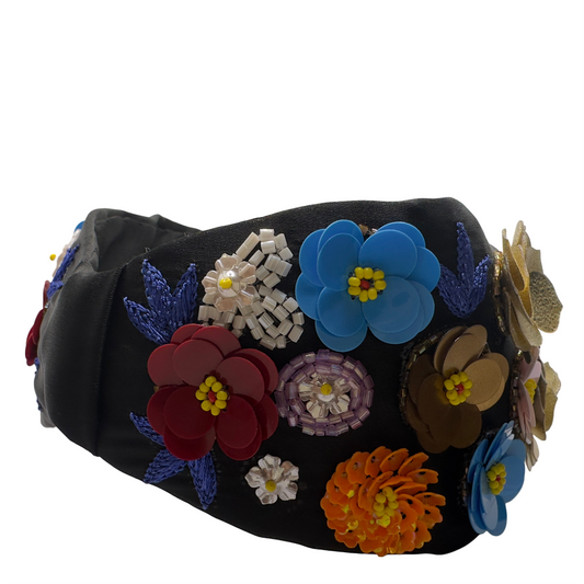 STUNNING BLACK MULICOLOUR EMBROIDED HAIRBAND