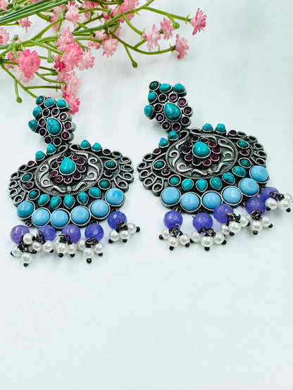 Oxidised Silver Dangle Earrings with Turquoise, Purple & Pearl Beads | Ethnic Statement Jewelry for Women