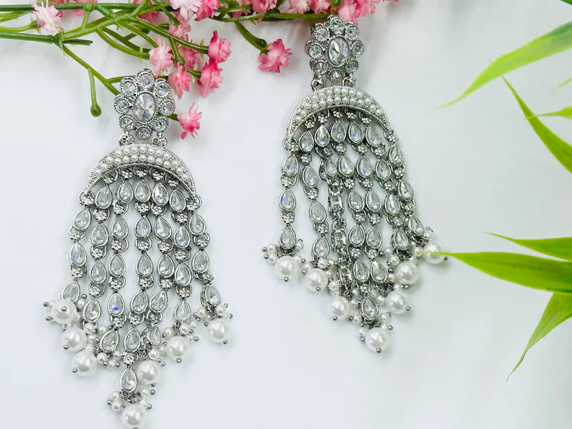 Silver Polki White Bead Danglers