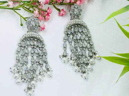 Silver Polki White Bead Danglers