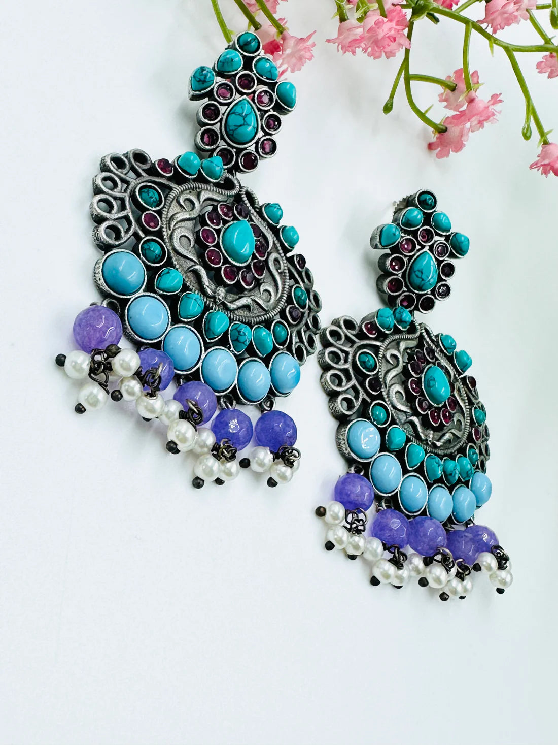 Oxidised Silver Dangle Earrings with Turquoise, Purple & Pearl Beads | Ethnic Statement Jewelry for Women
