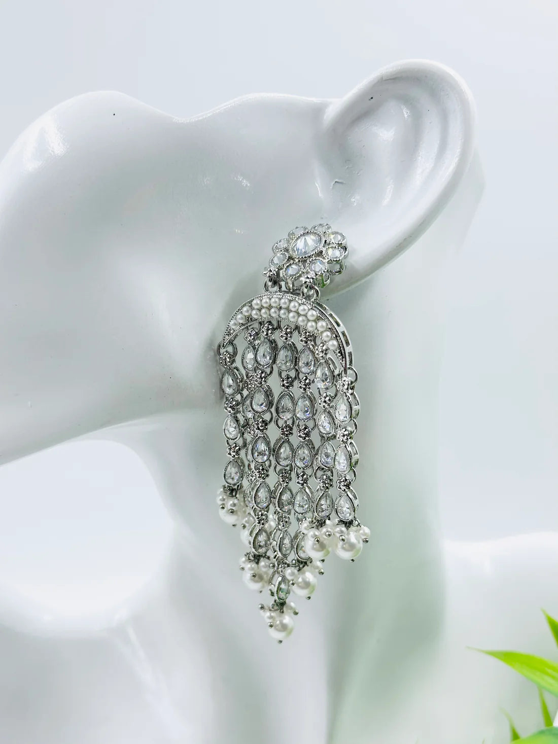 Silver Polki White Bead Danglers