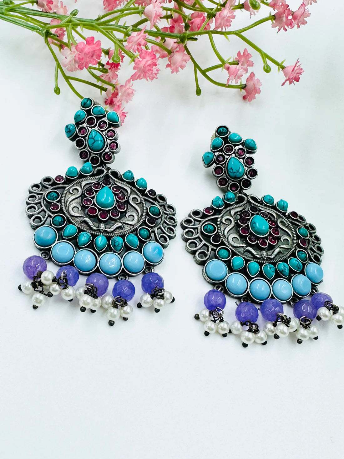 Oxidised Silver Dangle Earrings with Turquoise, Purple & Pearl Beads | Ethnic Statement Jewelry for Women