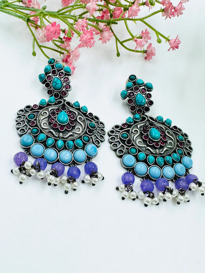 Oxidised Silver Dangle Earrings with Turquoise, Purple & Pearl Beads | Ethnic Statement Jewelry for Women