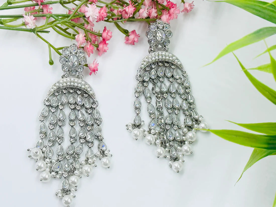 Silver Polki White Bead Danglers