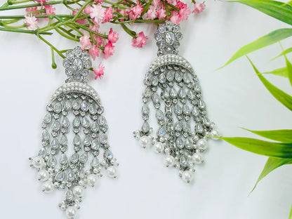 Silver Polki White Bead Danglers