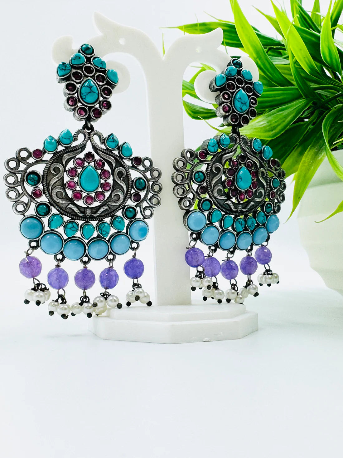 Oxidised Silver Dangle Earrings with Turquoise, Purple & Pearl Beads | Ethnic Statement Jewelry for Women