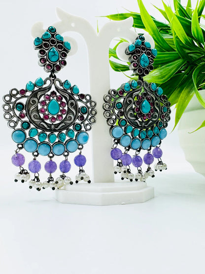 Oxidised Silver Dangle Earrings with Turquoise, Purple & Pearl Beads | Ethnic Statement Jewelry for Women