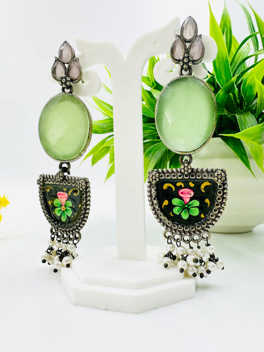 BEAUTIFUL GREEN OXIDISED EARRINGS WITH MEENAKARI WORK