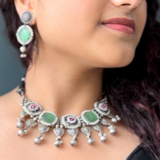 Myrah Elegant Traditional Green Stone and Pearl Studded Oxidized Necklace Set