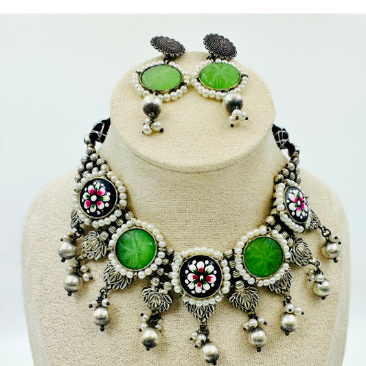 Myrah Elegant Traditional Green Stone and Pearl Studded Oxidized Necklace Set