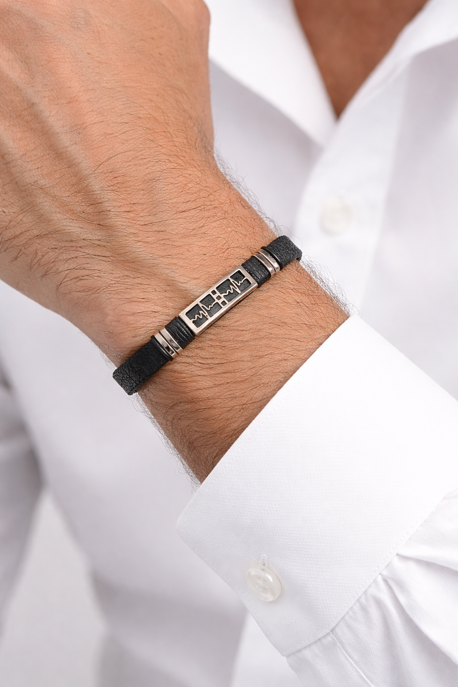 Black Leather Pulse Bracelet for Men