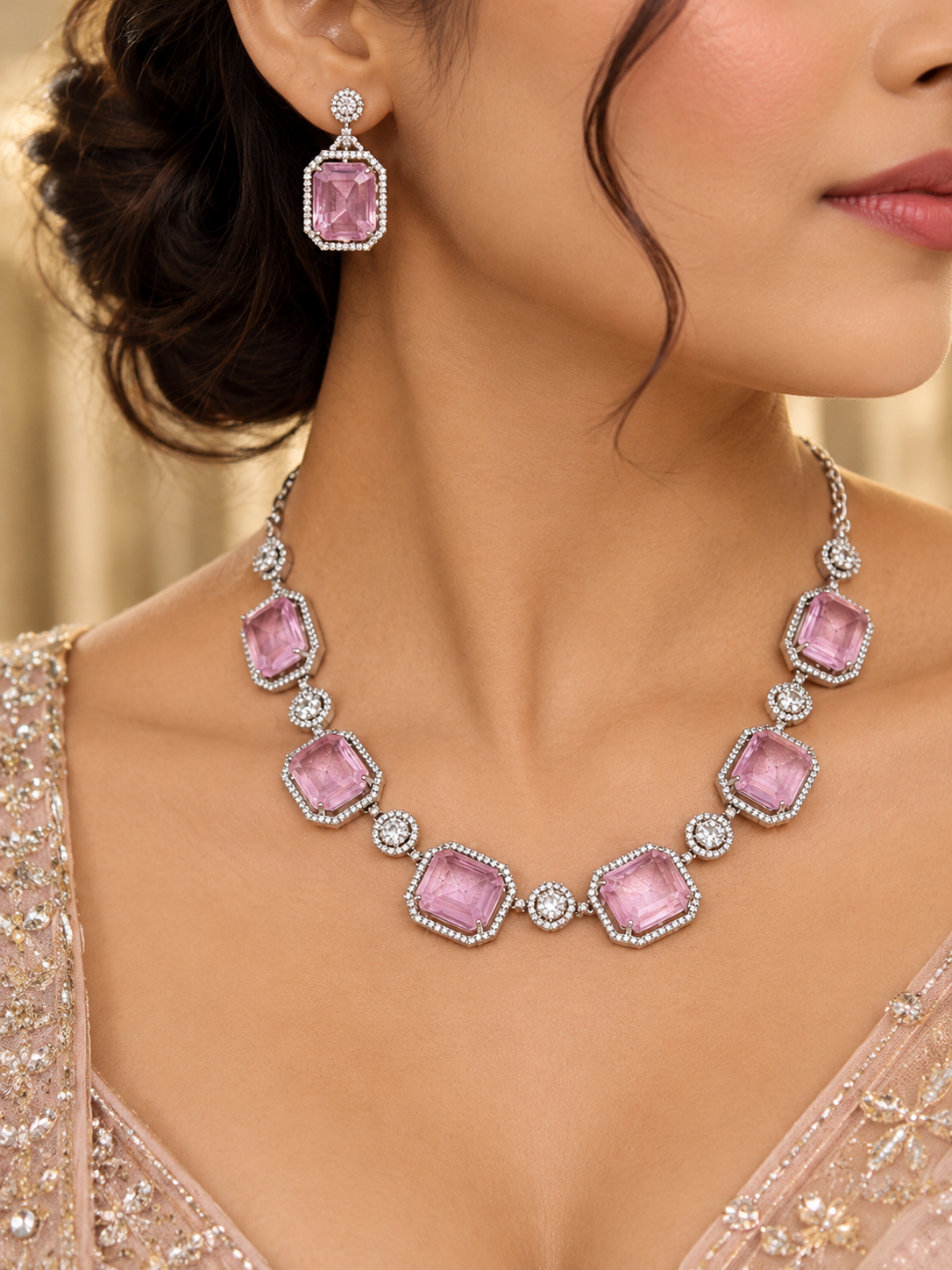 Pink Stone Halo Necklace Set