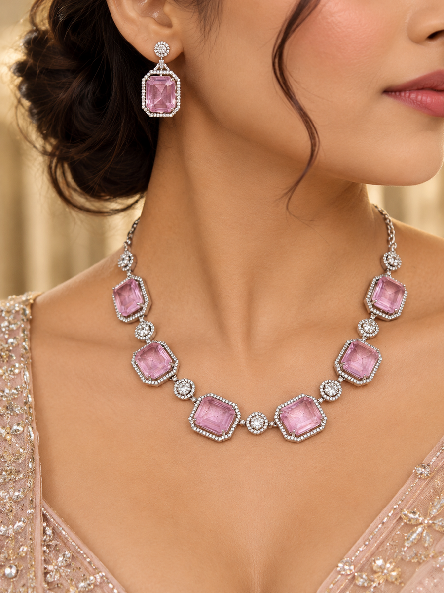 Pink Stone Halo Necklace Set