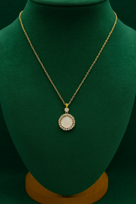 Round Pendant Necklace with Crystal Halo & Mother-of-Pearl Center | Anti-Tarnish Women’s Jewelry