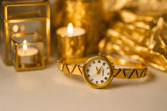 Gold Bracelet Watch with White Roman Dial & Pyramid Crystal Strap | Women’s Fashion Wristwatch