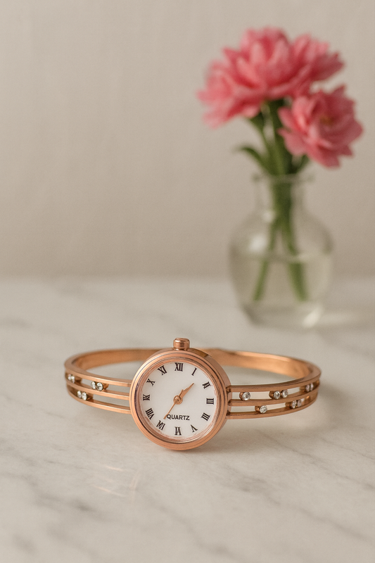 Rose Gold Bangle Watch with White Roman Dial & Crystal Triple Band Strap | Women’s Wristwatch