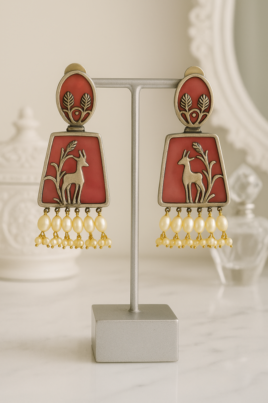 Antique Deer Dangle Earrings with Pearls - Oxidised Red Enamel Finish
