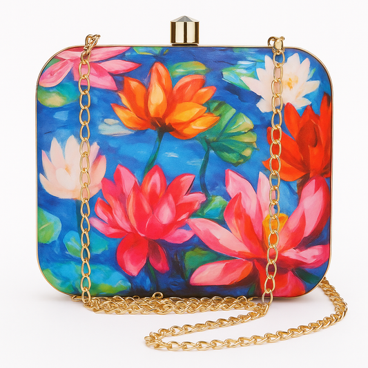 Lotus Flower Clutch Bag – Digital Print Evening Purse with Gold Chain | Designer Wedding & Party Bag