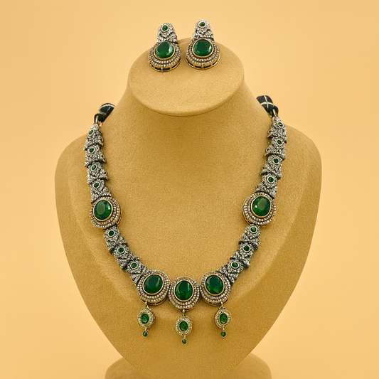 NESACCESSORIES RADIANT GREEN AMERICAN DIAMOND STUDDED OXIDIZED JEWELRY SET