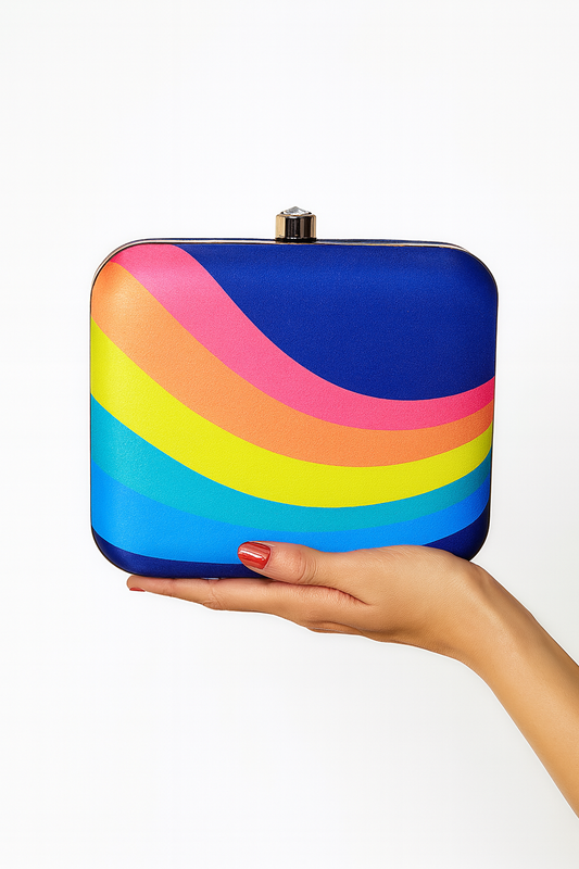 Vibrant Striped Artwork Clutch with Bold Multicolor Design and Gold Chain – Party & Evening Bag