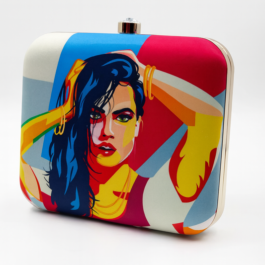 Pop-Art Style Clutch with Bold Multicolor Face Illustration and Gold Chain – Party & Evening Bag