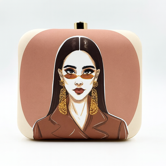Chic Illustrated Lady Clutch with Gold Earring Detailing and Modern Artwork – Party & Evening Bag