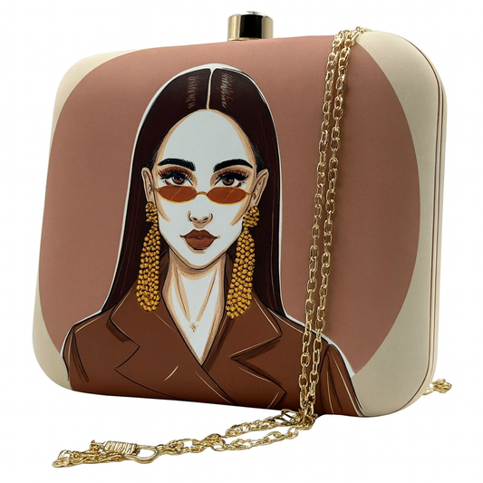 Chic Illustrated Lady Clutch with Gold Earring Detailing and Modern Artwork – Party & Evening Bag
