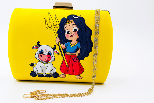 Divine Illustration Satin Clutch with Cow Motif – 7.5 x 4.5 inch Gold Chain Evening & Festive Bag