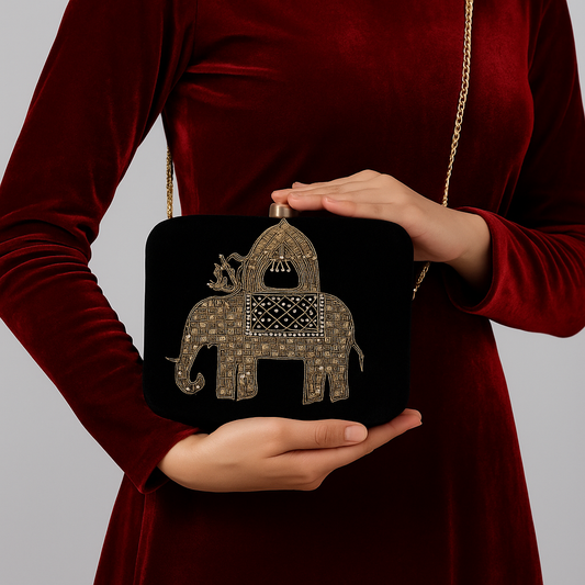 Royal Elephant Embroidered Velvet Clutch with Gold Detailing – Evening & Festive Bag