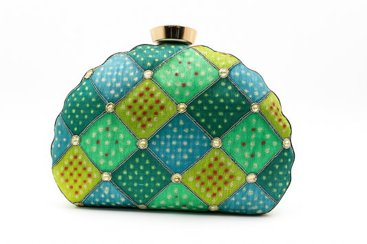 Ikat-Inspired Geometric Scallop Clutch in Green & Blue with Gold Accents – Evening & Festive Bag