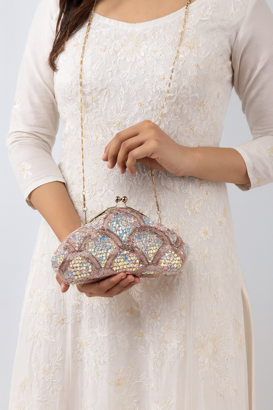 Shimmering Sequin Batua-Style Clutch with Vintage Metal Clasp & Chain Strap – Wedding & Evening Bag