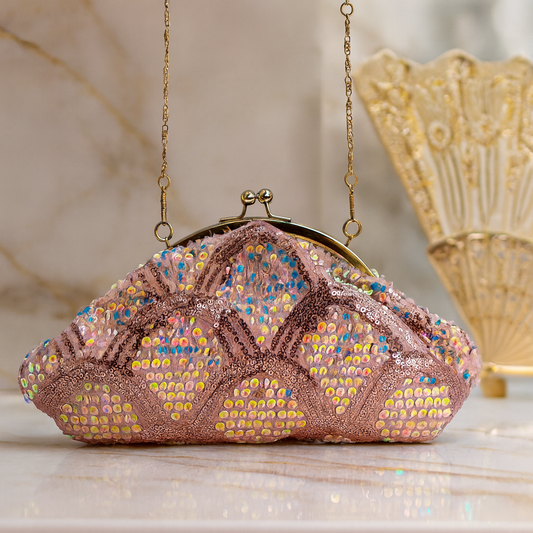 Shimmering Sequin Batua-Style Clutch with Vintage Metal Clasp & Chain Strap – Wedding & Evening Bag